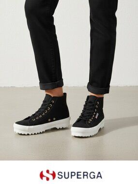 Superga Alpina Black High Top Platform Sneakers Lug Sole Gold Eyelets EU 40 US 9